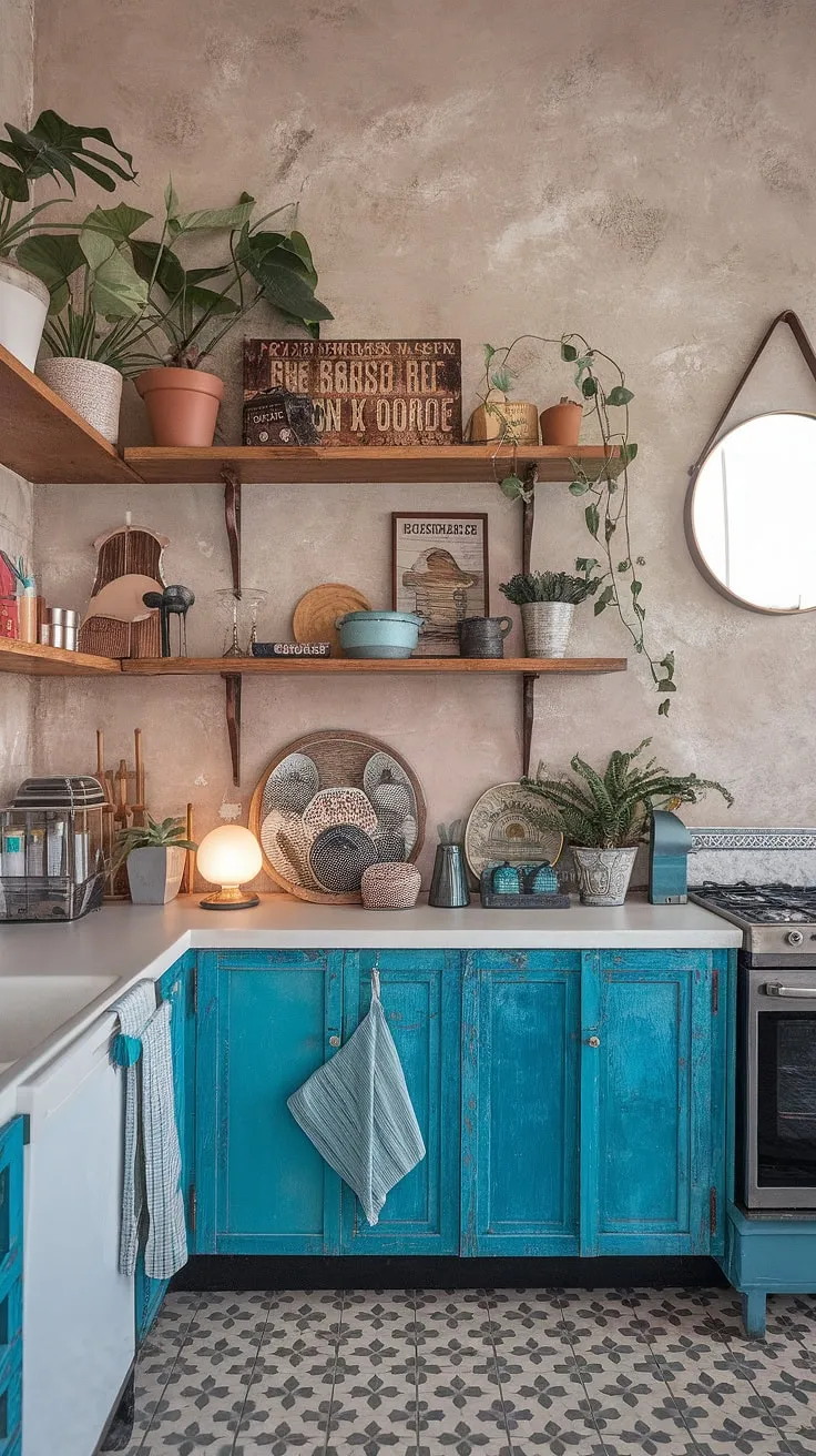 This maximalist kitchen is a vibrant explosion of color and texture, a testament to eclectic style and a love for collected treasures. The distressed wood shelves, patterned tiles, and vintage finds create a wonderfully warm and inviting space, a true reflection of its inhabitant's unique personality. A symphony of patterns and colors, it's a feast for the eyes.