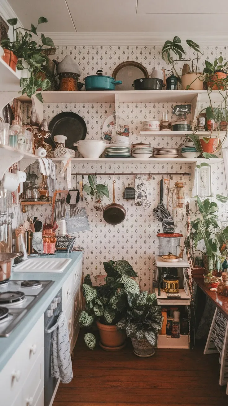 A haven of eclectic charm, this kitchen overflows with personality. From the whimsical wallpaper to the carefully curated collection of cookware and decorative items, every inch speaks volumes. A testament to the joy of embracing abundance, this space is a celebration of life's simple pleasures, enhanced by the vibrant greenery and warm wood floors. A kitchen that truly nourishes the soul.
