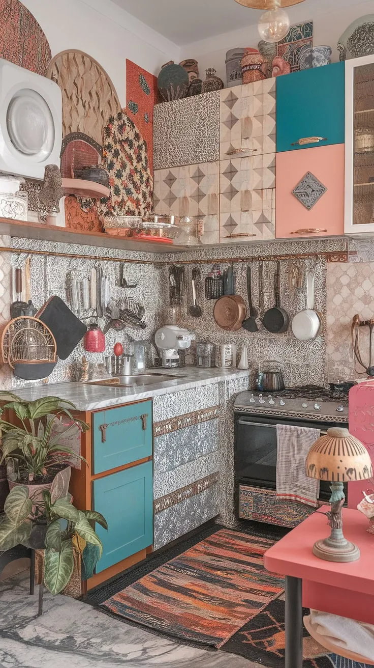 This isn't just a kitchen; it's a vibrant expression of personality. A kaleidoscope of colors and patterns explodes across the walls and cabinets, creating a truly unforgettable space. The carefully chosen details, from the hanging utensils to the lush greenery, tell a story of collected treasures and a love for life's rich tapestry. A testament to the beauty of embracing maximalism.