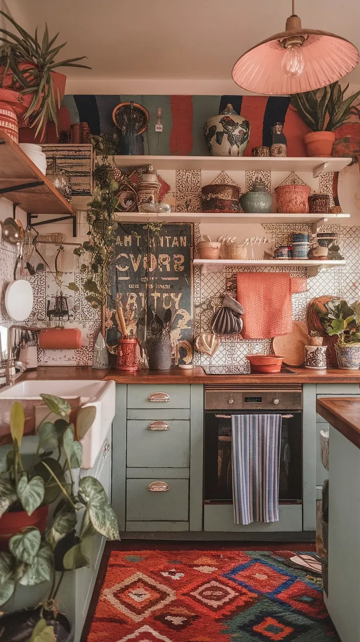 This maximalist kitchen is a vibrant explosion of color, pattern, and texture-a feast for the senses. The eclectic mix of vintage finds, lush plants, and warm lighting creates a truly unique and inviting space. It's a testament to the power of personality in design.