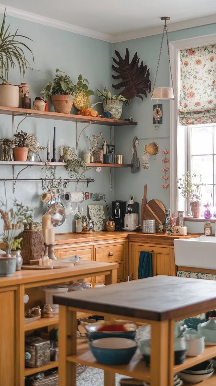 This maximalist kitchen is a vibrant explosion of color and texture, a testament to the beauty of eclectic style. The warm wood tones of the cabinets and island are perfectly complemented by the light blue walls, creating a space that feels both cozy and energetic. A profusion of plants, candles, and decorative objects adds personality and warmth, transforming this space into a true reflection of its inhabitants' unique style.
