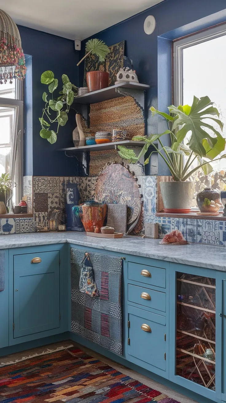 Dive into a world of bold patterns and rich textures in this eclectic kitchen. The deep blue walls create a captivating atmosphere, perfectly complemented by the lush greenery and an array of carefully chosen decorative elements. This space is a testament to the beauty of maximalism, showcasing a unique blend of styles and a truly personal touch. The marble countertop provides a sophisticated contrast to the overall bohemian vibe.