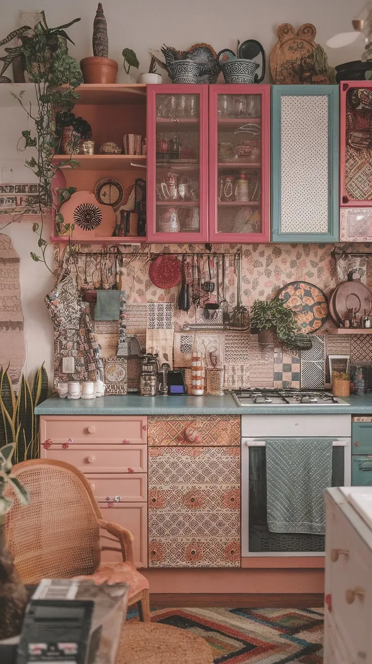 This kitchen is a vibrant explosion of color, pattern, and personality; a testament to the joy of maximalist design. Every surface tells a story, from the vintage textiles to the thriving collection of plants, creating a space that's both wildly eclectic and wonderfully inviting. A true reflection of its inhabitant's unique style.
