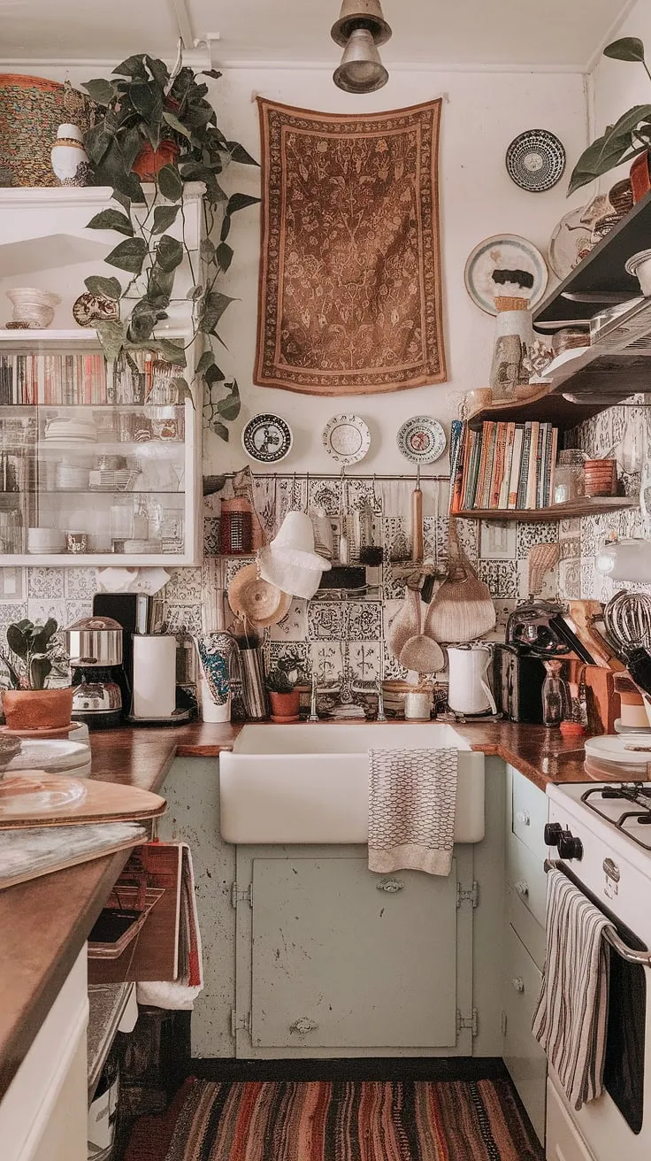 A bohemian haven where functionality meets fantastical flair. This maximalist kitchen is a celebration of collected treasures and lived-in charm. A symphony of patterns and textures, it's a space brimming with personality and a touch of whimsical magic. A kitchen that tells a story, one colorful detail at a time.