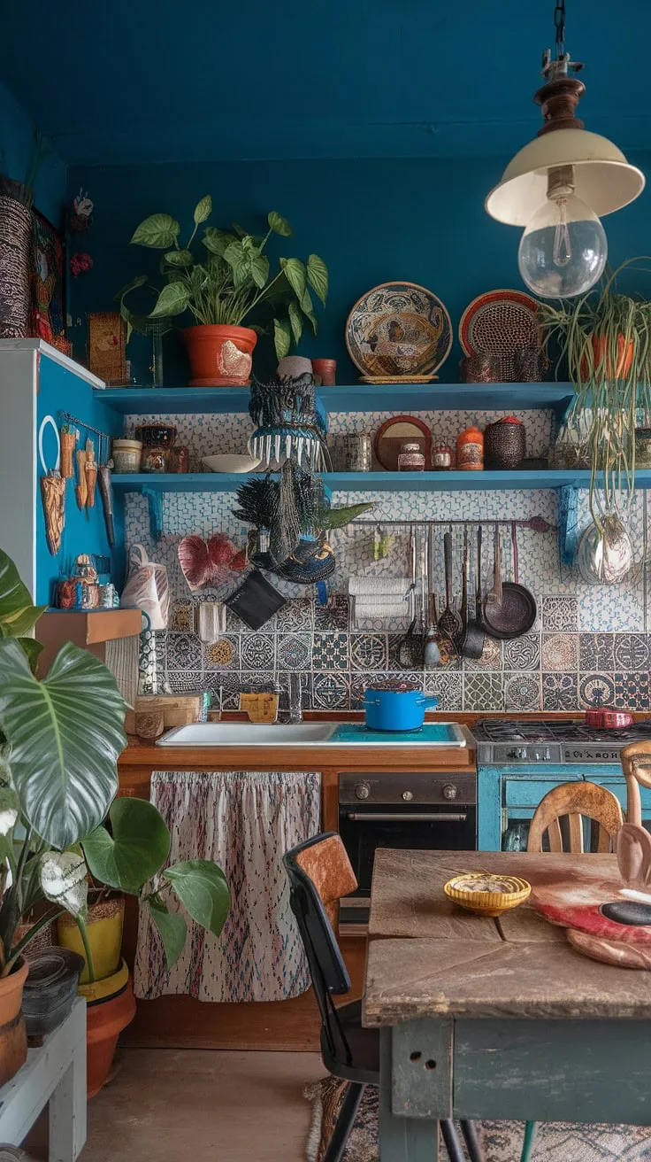 A symphony of textures and patterns dances across this bohemian kitchen. From the rustic wooden table to the vintage light fixture, every detail tells a story. The deep blue walls ground the space, allowing the vibrant collection of plants and eclectic décor to truly shine. A haven for the soul, brimming with character and charm.