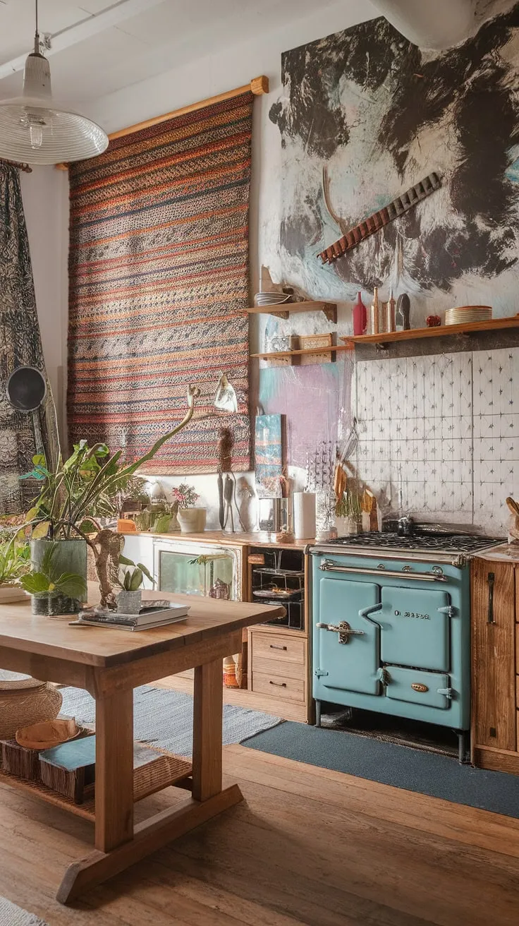 Step into a kitchen where every surface tells a story. A riot of pattern and color, this space is a celebration of the unconventional, a haven for the creatively bold. The vintage stove and quirky artwork blend seamlessly with the boho aesthetic, creating a truly unforgettable and inspiring culinary haven. A simple wooden table, a touch of green, and the warmth of the wood floor complete this eclectic masterpiece.