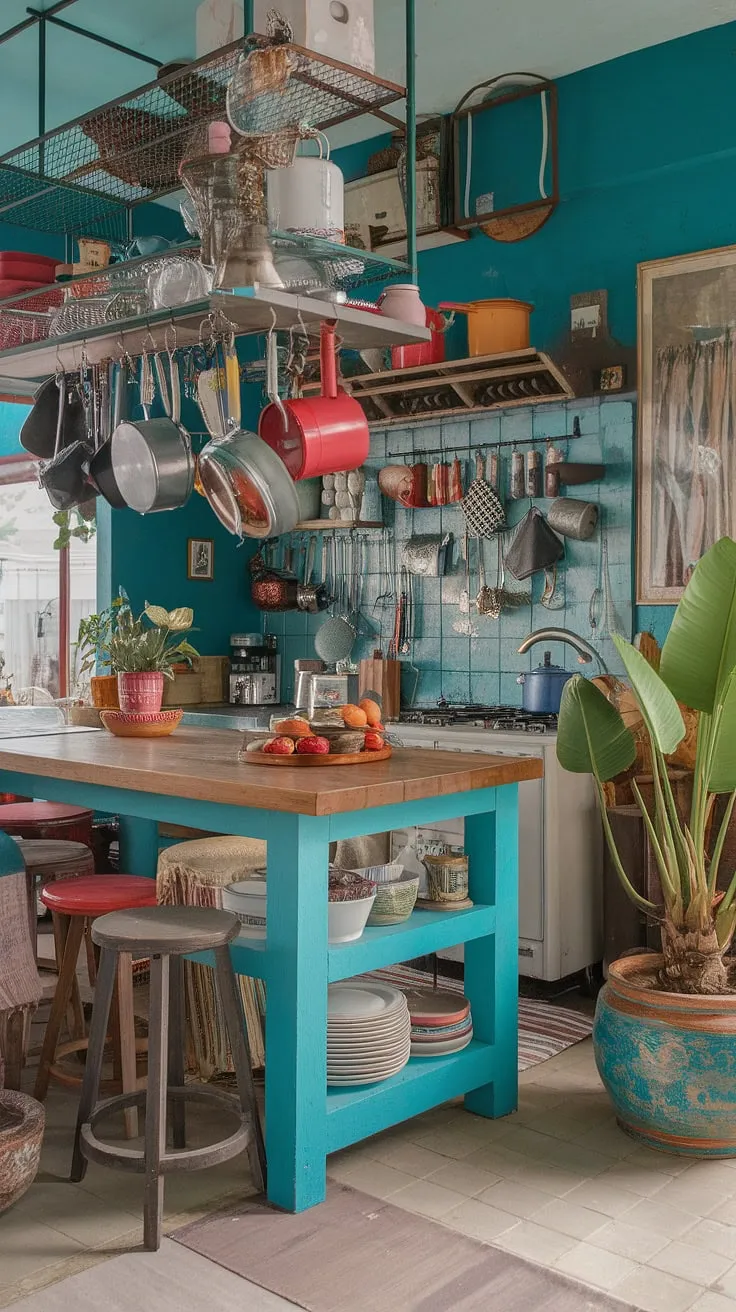 This turquoise kitchen is a vibrant explosion of color and personality; a testament to the joy of maximalist design. The eclectic mix of cookware, the wooden island, and the lush greenery create a truly unique and inviting space. A feast for the eyes, and the stomach, no doubt.