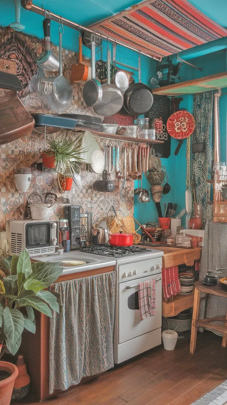 Step into a kitchen where vibrant turquoise walls meet a bohemian explosion of color, texture, and pattern. Copper pots gleam amongst hanging utensils, a testament to culinary adventures and a life lived fully. The air hums with creativity, fueled by the scent of spices and the warmth of community gathered around this eclectic heart of the home.