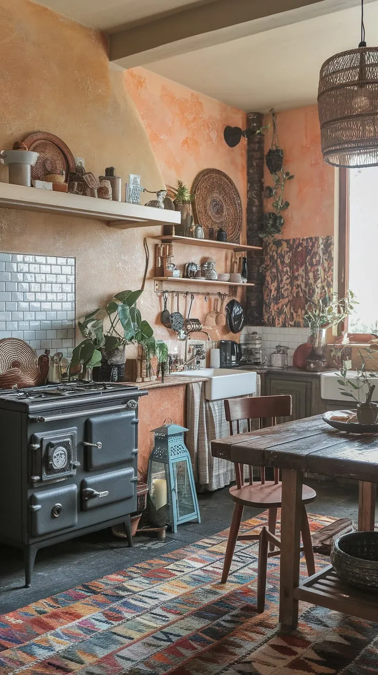 Step into a world of curated chaos in this funky, boho kitchen. Warm earth tones meet bold patterns, creating a space that's both cozy and captivating. The vintage stove, rustic wooden table, and eclectic collection of objects tell a story of collected memories and cherished moments, making it a kitchen as unique as its owner.