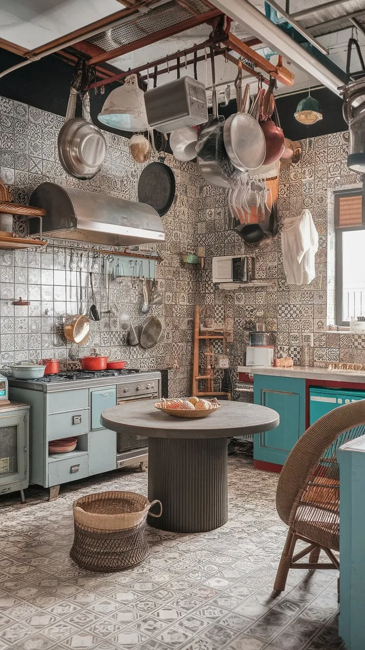 This maximalist kitchen is a vibrant explosion of color and texture, a testament to the beauty of collected moments and cherished objects. The eclectic mix of vintage finds and playful patterns creates a truly unique and inviting space, a haven where functionality meets whimsical charm. A symphony of copper pots, patterned tiles, and warm wood tones combine to form a kitchen that's as captivating as it is functional. A place where memories are made and stories unfold.