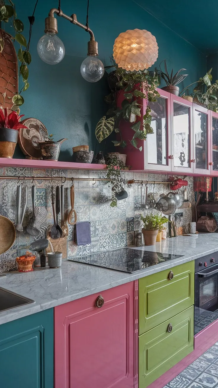 Step into a kitchen where bold colors dance with eclectic patterns, a vibrant symphony of textures and vintage charm. The teal walls, pink and green cabinets, and patterned backsplash create a truly unique and unforgettable space, a testament to maximalist design at its finest. A feast for the eyes, this kitchen is as much a work of art as it is a functional heart of the home.