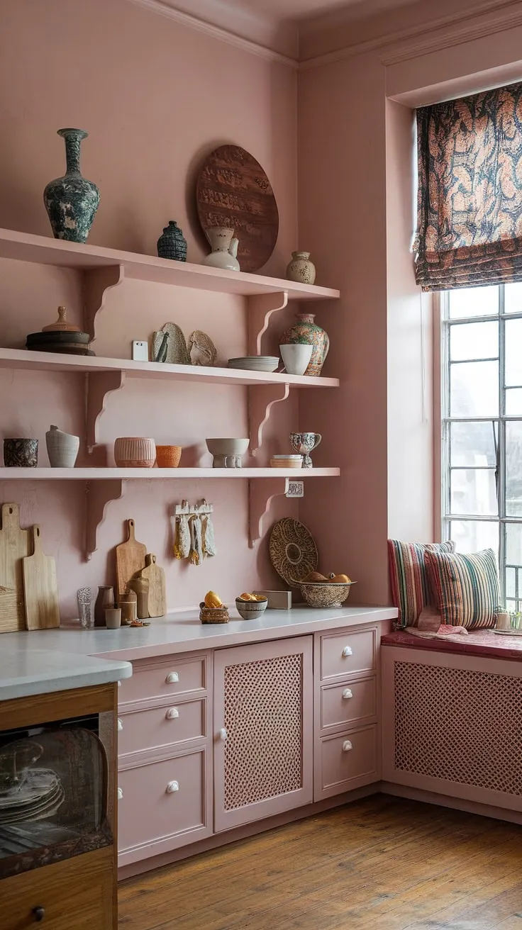 Step into a world of whimsical charm in this boho-chic kitchen. The abundance of colorful vases, bowls, and decorative items creates a joyful and energetic atmosphere. The soft pink walls and patterned window treatments add a touch of feminine elegance, while the wooden floors ground the space, creating a warm and inviting heart of the home. A true reflection of individual style.