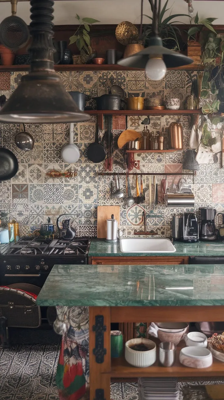Step into a world of curated chaos. This maximalist kitchen is a bold statement, brimming with personality and a touch of bohemian flair. The rich textures, from the patterned tiles to the warm wood, are balanced by pops of color and the comforting presence of lush greenery. A space where culinary creativity thrives.