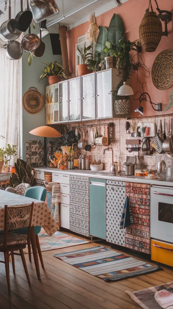 This isn't just a kitchen; it's a vibrant expression of self. A kaleidoscope of colors, patterns, and textures collide in a harmonious explosion of bohemian style. From the patterned rug underfoot to the eclectic mix of chairs surrounding the table, every detail speaks to a love of life, a celebration of individuality, and a commitment to creating a space that is both beautiful and utterly unique. The hanging pots and abundant plants add a touch of nature's artistry to this maximalist masterpiece.