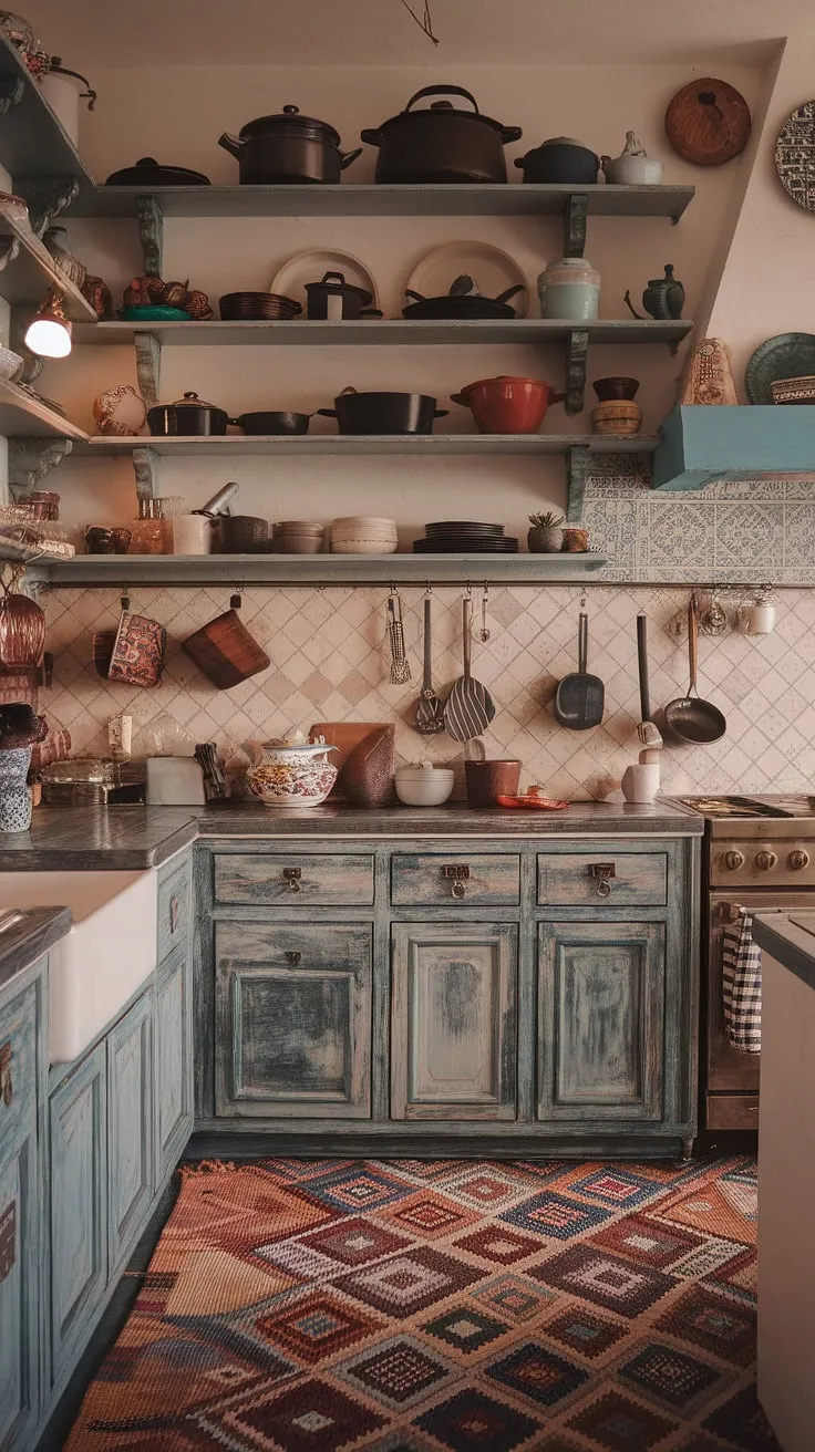 Step into a world of bohemian charm and culinary creativity. This kitchen, with its distressed cabinets, handcrafted tiles, and overflowing shelves, is a testament to the beauty of embracing imperfection and celebrating individuality. It's a space where functionality meets artistic expression.
