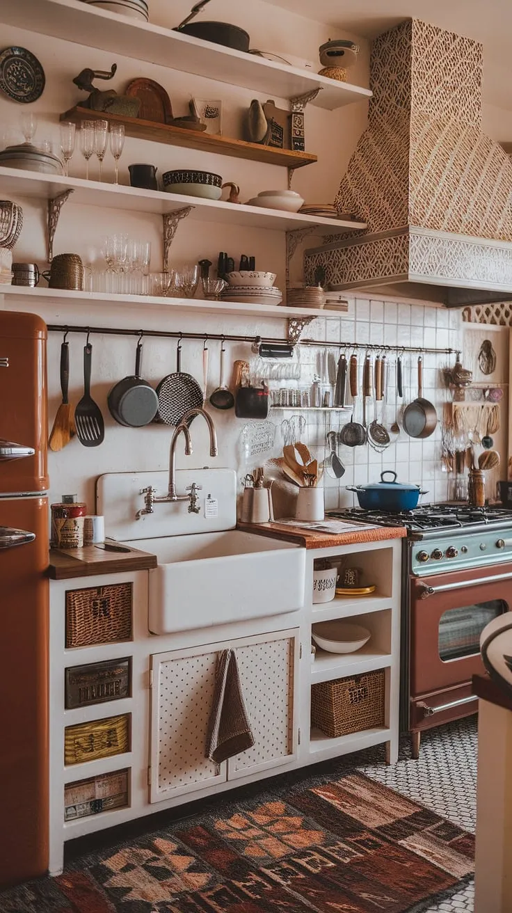This kitchen is a vibrant explosion of color and texture, a testament to the beauty of collected moments and cherished objects. The rust-colored refrigerator, vintage sink, and patterned range hood are just a few of the delightful details that make this space so uniquely a and utterly captivating.