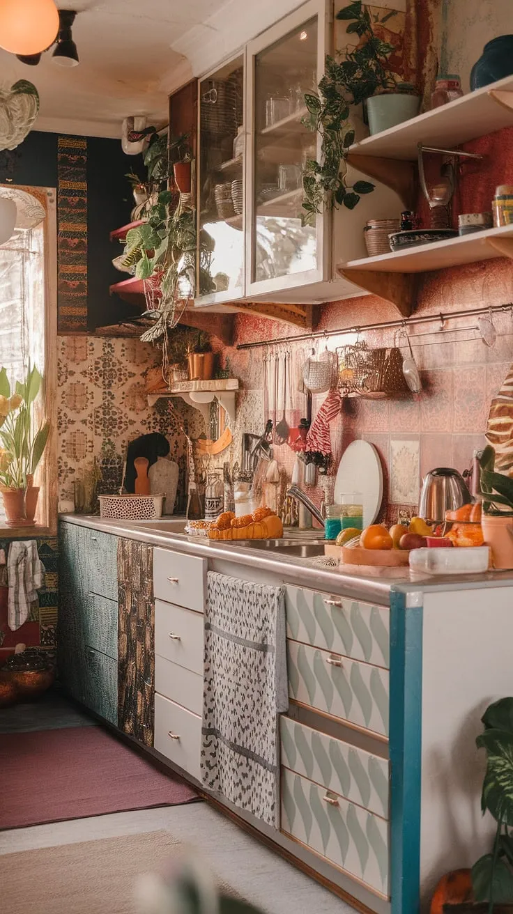 This maximalist kitchen is a vibrant explosion of color, pattern, and texture; a testament to the beauty of embracing eclectic style. The warm lighting and abundant greenery create a cozy, inviting atmosphere, perfect for culinary adventures. A feast for the eyes and the soul.