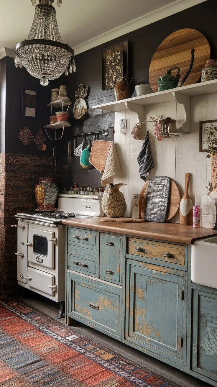 This maximalist kitchen is a feast for the senses; a vibrant mix of vintage finds, handcrafted details, and eclectic charm. The distressed cabinetry, patterned rug, and quirky ceramic owl create a space brimming with personality and warmth. A testament to the beauty of collected memories and bold design choices.