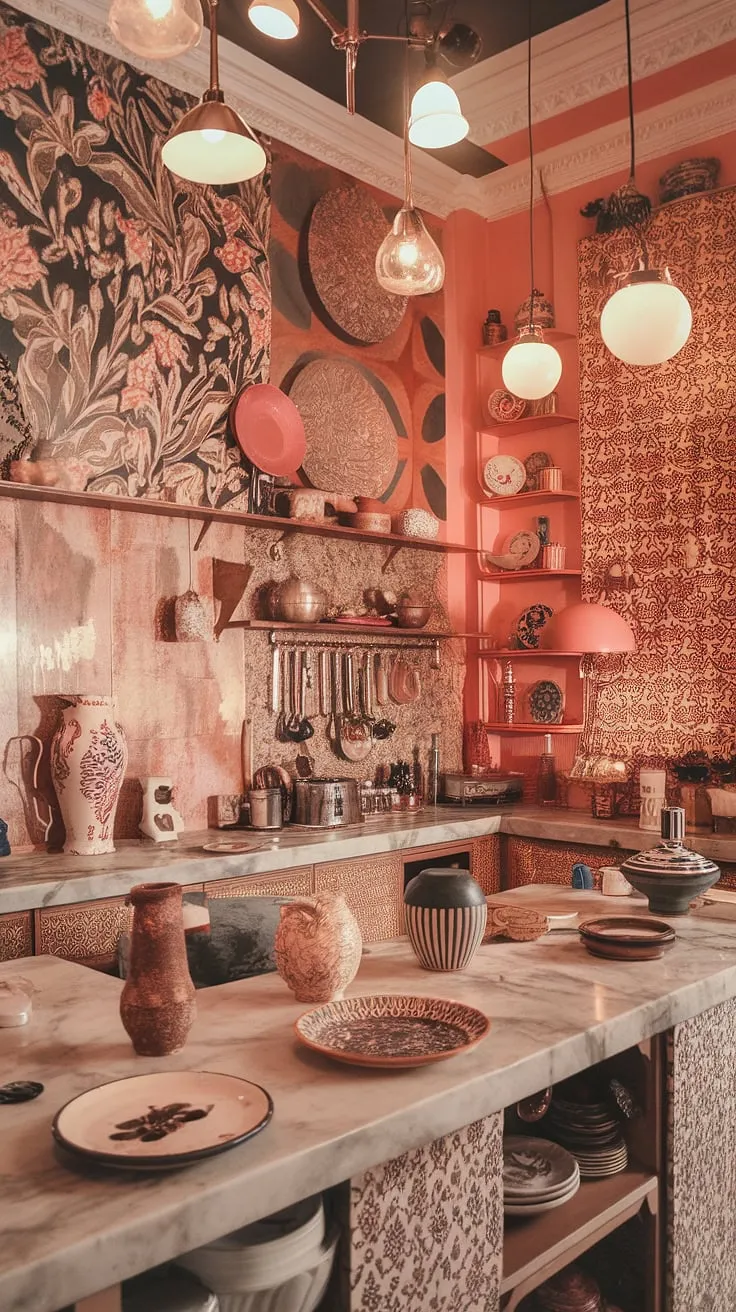 A maximalist dream come true: This kitchen is a vibrant explosion of pattern, texture, and color, showcasing a playful eclecticism that's both bold and inviting. The warm hues of pink, orange, and beige create a cozy atmosphere, while the marble countertops and an array of decorative objects add a touch of refined luxury. A feast for the eyes, and the perfect space for culinary adventures.