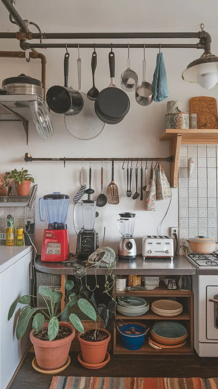 A maximalist dream, this kitchen is bursting with character. The carefully curated collection of cookware, appliances, and plants creates a dynamic and energetic space. From the whimsical hanging utensils to the perfectly placed potted greenery, every detail contributes to the overall sense of joyful abundance. A space where functionality meets artistic expression.