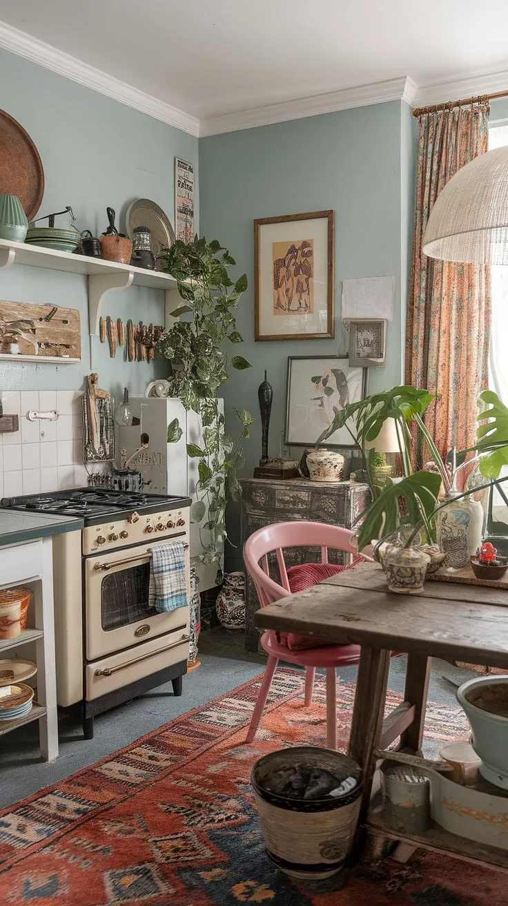 A symphony of color and texture, this maximalist kitchen is a feast for the senses. The vintage oven, rustic table, and eclectic collection of objects create a space brimming with personality and warmth. A perfect blend of old and new, this room is a testament to the beauty of collected living.