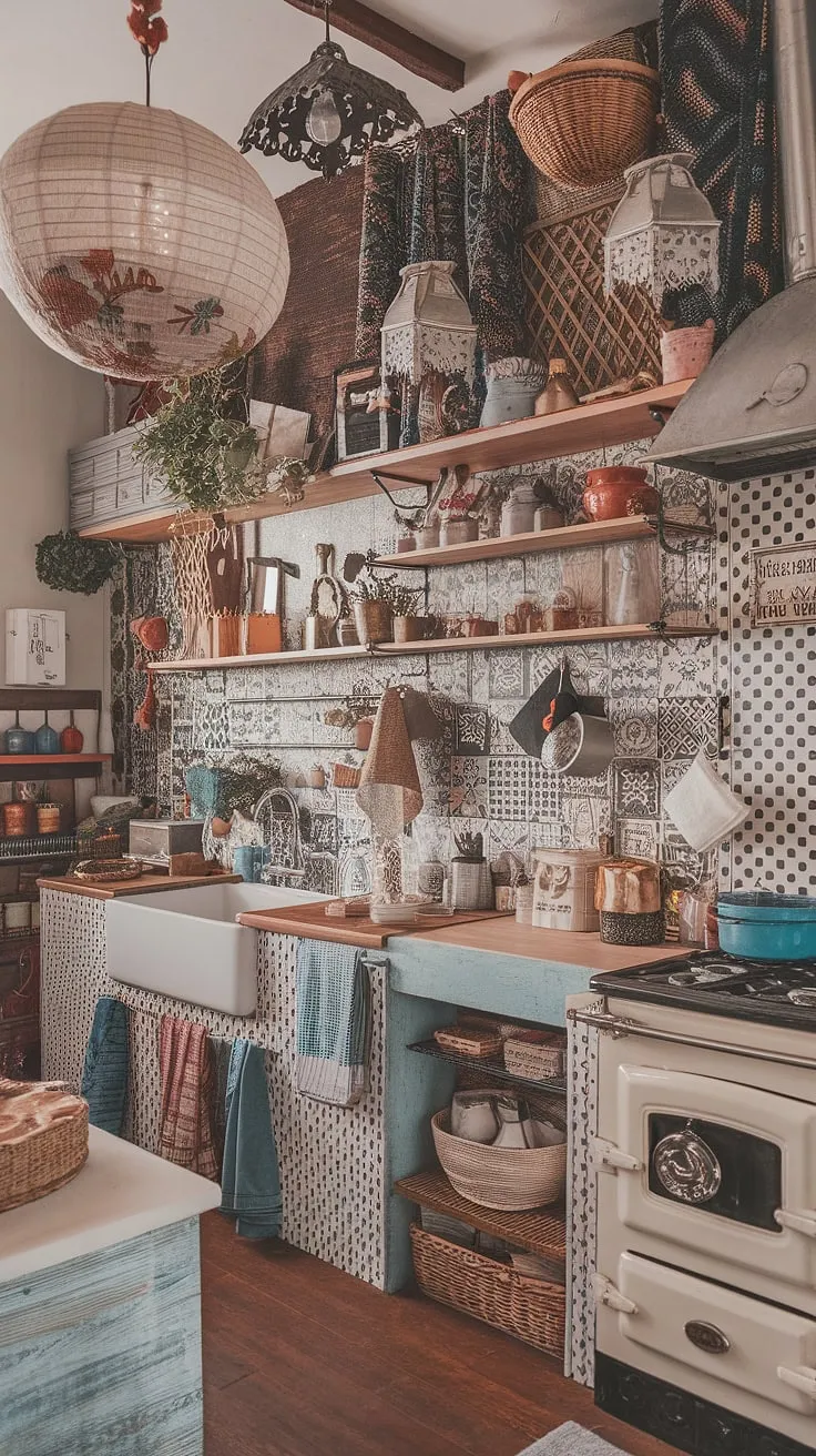 Step into a world of curated chaos in this eclectic kitchen. A symphony of patterns and textures dances across the walls, from the patterned backsplash to the array of plants and decorative accents. A vintage stove and rustic sink add to the charmingly imperfect aesthetic, creating a space that's both wildly unique and wonderfully inviting. A true reflection of its inhabitant's spirited personality.