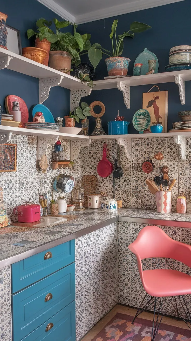 Step into a world of eclectic charm in this funky, boho kitchen. The deep blue walls set the stage for a maximalist display of personality, showcasing a curated collection of treasures on open shelving. The patterned tile backsplash and a vibrant pink chair add unexpected pops of color, creating a space that's both visually stimulating and wonderfully warm.