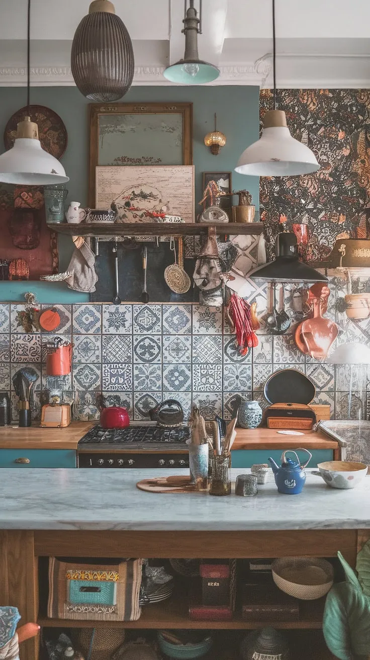 This maximalist kitchen is a vibrant explosion of textures and patterns, a testament to eclectic style where vintage charm meets modern convenience. The interplay of wood, marble, and patterned tile creates a truly unique and inviting space, a feast for the senses. A playful mix of old and new, it's a kitchen brimming with personality and warmth.