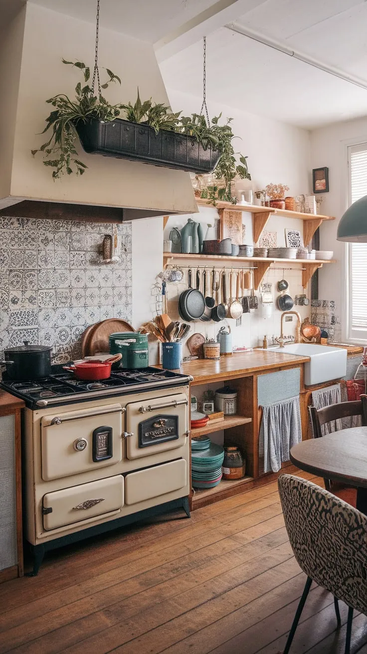 A feast for the eyes and the soul, this boho kitchen is a celebration of collected treasures and vibrant personality. From the patterned tiles to the vintage stove, every detail tells a story. A hanging planter adds a touch of nature to this eclectic space, while the wooden counter and floors ground the room in warmth. A perfect blend of old and new, this kitchen is a testament to the beauty of embracing the unexpected.