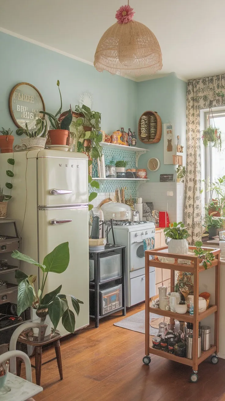 This maximalist kitchen is a vibrant explosion of color and texture, a testament to the beauty of collected moments and cherished objects. The vintage refrigerator hums a song alongside the gentle sway of potted plants, creating a space that's both wildly eclectic and wonderfully inviting. A perfect blend of old and new, this kitchen is a haven of warmth and personality.