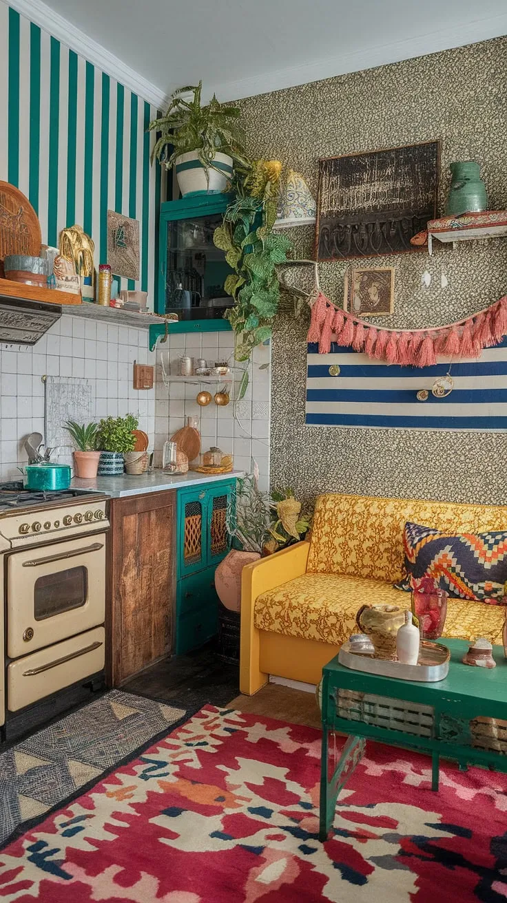 Step into a kitchen where vibrant patterns collide, creating a haven of eclectic charm. The green and white striped walls, a bold floral rug, and a sunny yellow couch form a playful backdrop for vintage finds and flourishing plants; a true testament to maximalist joy. This space is a feast for the eyes, a reflection of a personality that embraces bold color and unique style.