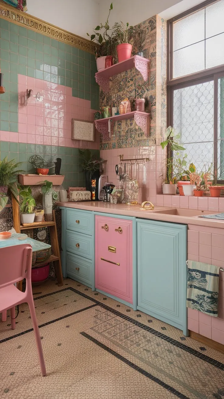 A whimsical haven of color and pattern, this kitchen is a feast for the senses. The unexpected pairings-pink and green tiles, a light blue cabinet with a pink door-are balanced by the neutral beige countertops and patterned floor. A wooden ladder, potted plants, and a pink chair add to the eclectic charm, creating a space that is uniquely personal and undeniably joyful. A true reflection of individual style.