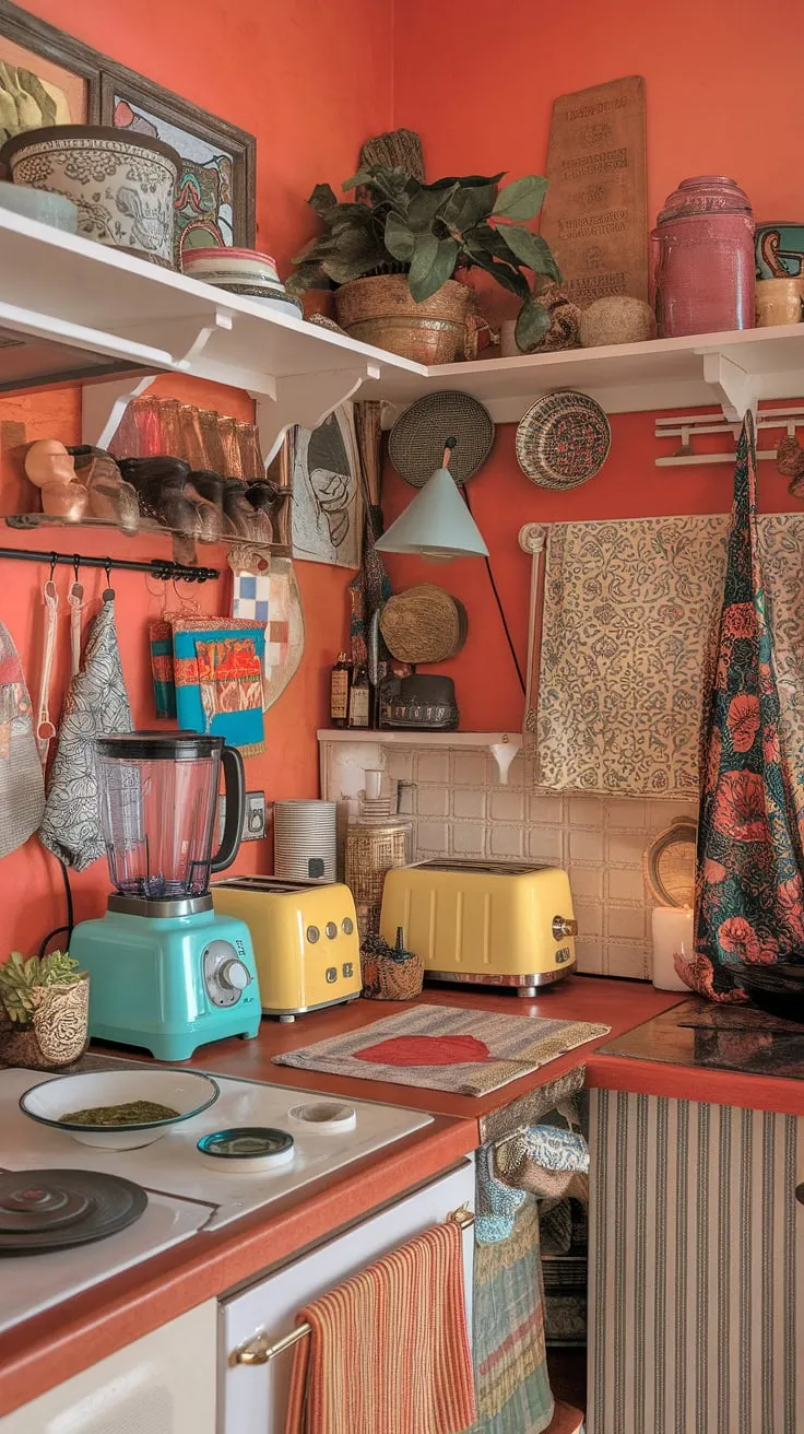This kitchen is a vibrant explosion of color and personality; a testament to the joy of maximalist design. The sunny orange walls, eclectic appliances, and playful textiles create a space that's as warm and inviting as it is visually stunning. A true reflection of its owner's unique style.