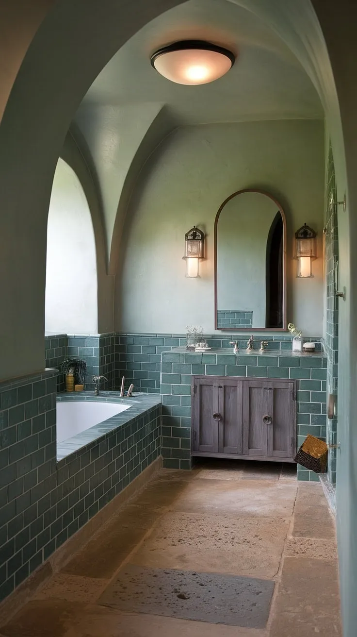Escape to this exquisitely designed Mediterranean bathroom. The rich textures of natural stone and the vibrant green ceramic tiles create a luxurious atmosphere. A freestanding tiled bathtub invites you to unwind, while the arched vanity mirror and modern fixtures add a touch of contemporary sophistication. A perfect blend of old-world charm and modern amenities.