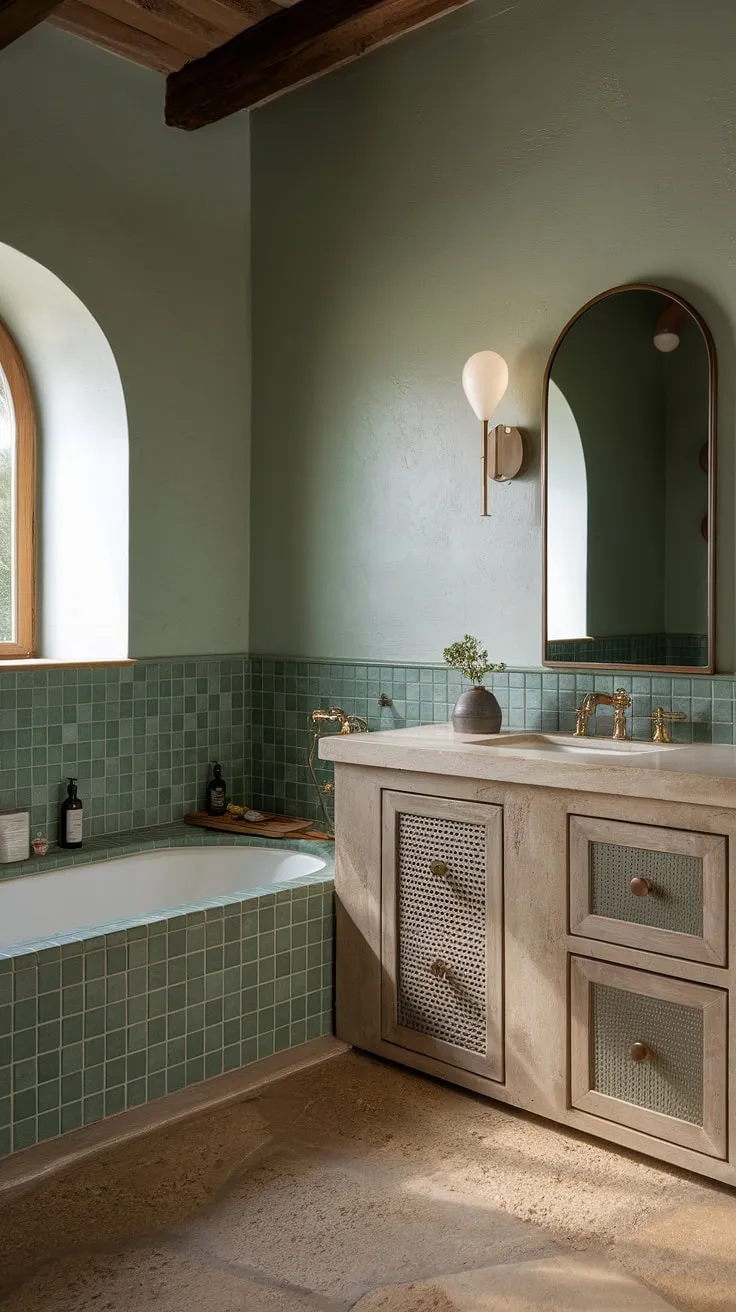 Escape to this serene Mediterranean bathroom, where the soft natural light dances across green ceramic tiles and natural stone floors. The arched vanity mirror and tiled bathtub complete the European-inspired design, creating a sanctuary of calm and understated elegance. A perfect blend of modern and traditional, this space embodies the spirit of effortless luxury.
