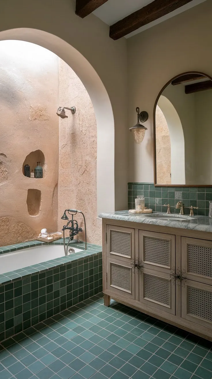 Escape to the sun-drenched shores of the Mediterranean with this exquisitely designed bathroom. The calming green tones of the ceramic tile floor and backsplash, complemented by the natural stone walls, create a haven of peace. A beautiful marble vanity and arched mirror add a touch of classic European charm, making this bathroom a true sanctuary.