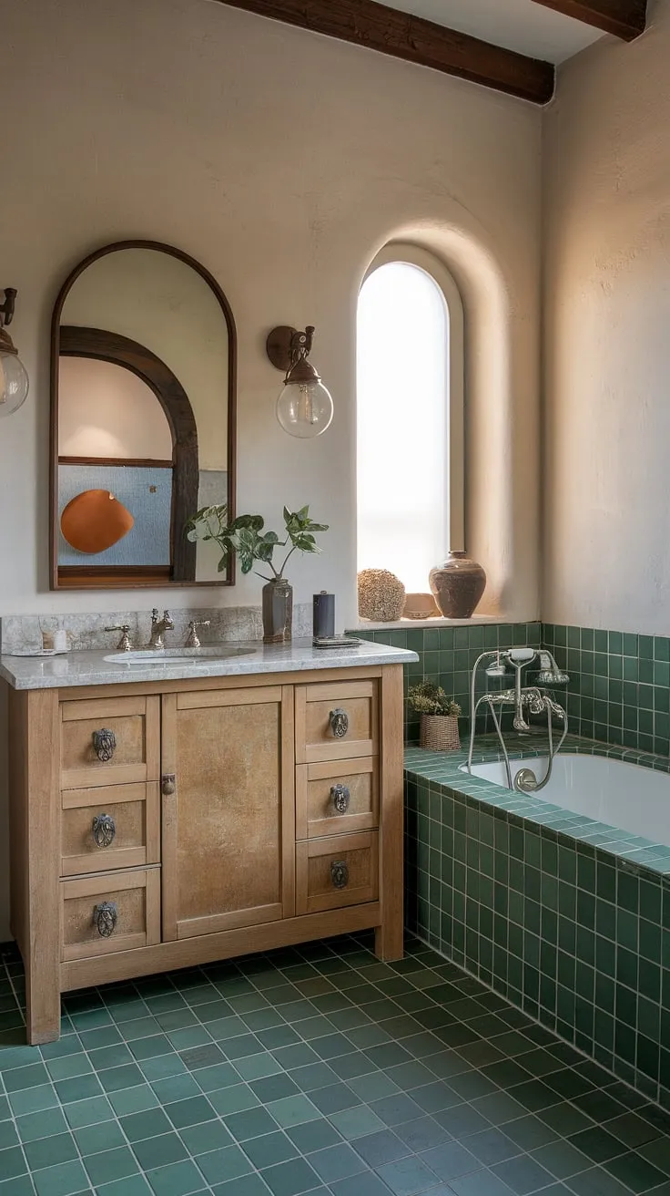 Bathed in soft light, this Mediterranean-inspired bathroom is a testament to understated elegance. A harmonious blend of natural stone, green ceramic tile, and a classic marble-topped vanity, it offers a tranquil escape where you can truly relax and rejuvenate. A true oasis.
