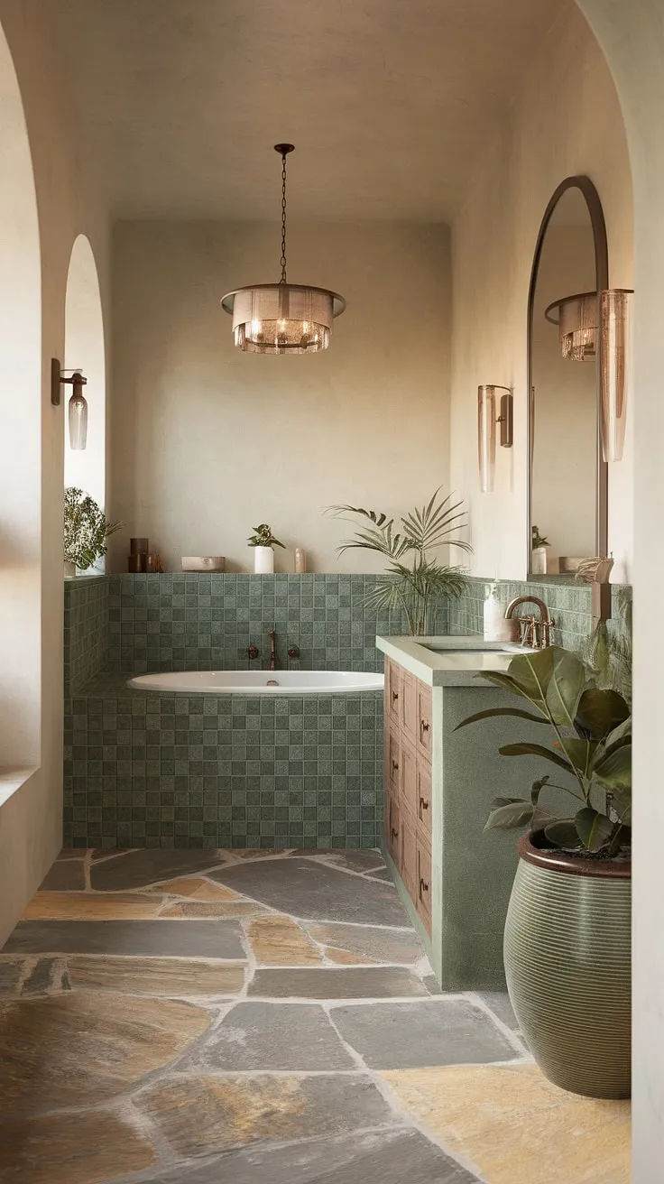 Bathed in soft light, this Mediterranean bathroom is a testament to understated elegance. Natural stone flooring, a stunning green tiled bathtub, and an arched vanity mirror combine to create a space of unparalleled calm. The addition of carefully chosen plants completes the tranquil ambiance, offering a perfect retreat for relaxation and rejuvenation.