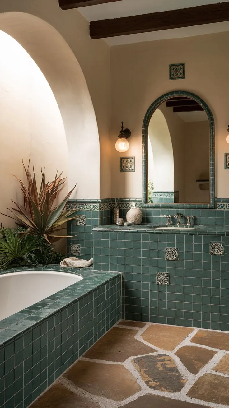 Indulge in the luxurious simplicity of this Mediterranean bathroom. The calming green ceramic tiles, natural stone flooring, and arched mirror create a space of understated elegance. A touch of nature, with the addition of a potted plant, enhances the feeling of peaceful escape. A adds the finishing touch to this tranquil retreat.