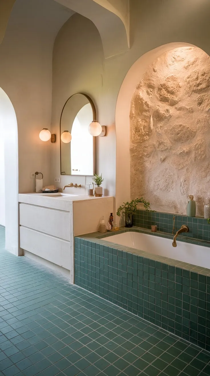 Indulge in the serene escape of this Mediterranean-inspired bathroom. The warm lighting, natural stone walls, and a luxuriously tiled bathtub create a sanctuary for relaxation. A touch of European elegance is evident in every detail, from the arched vanity mirror to the vibrant green ceramic tile floor.