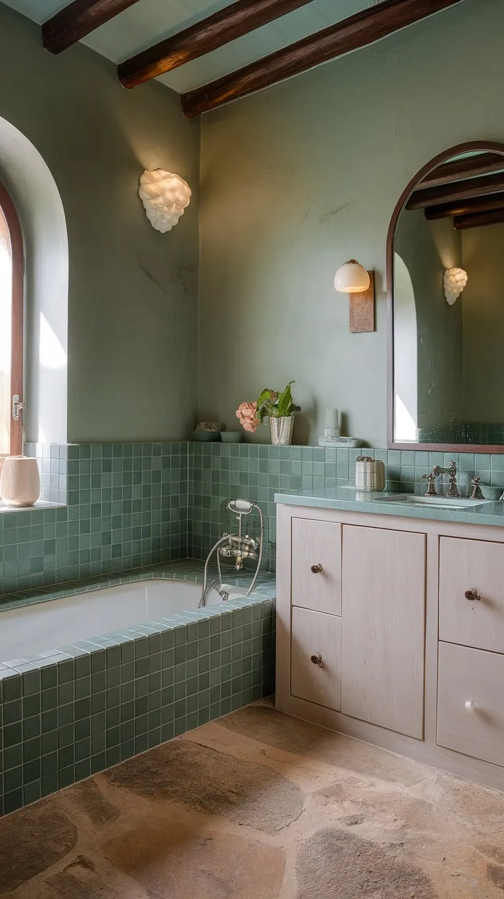 Step into a haven of sophisticated simplicity. This European-inspired bathroom boasts a stunning tiled bathtub, complemented by the cool green ceramic walls and warm natural stone flooring. A truly luxurious retreat.
