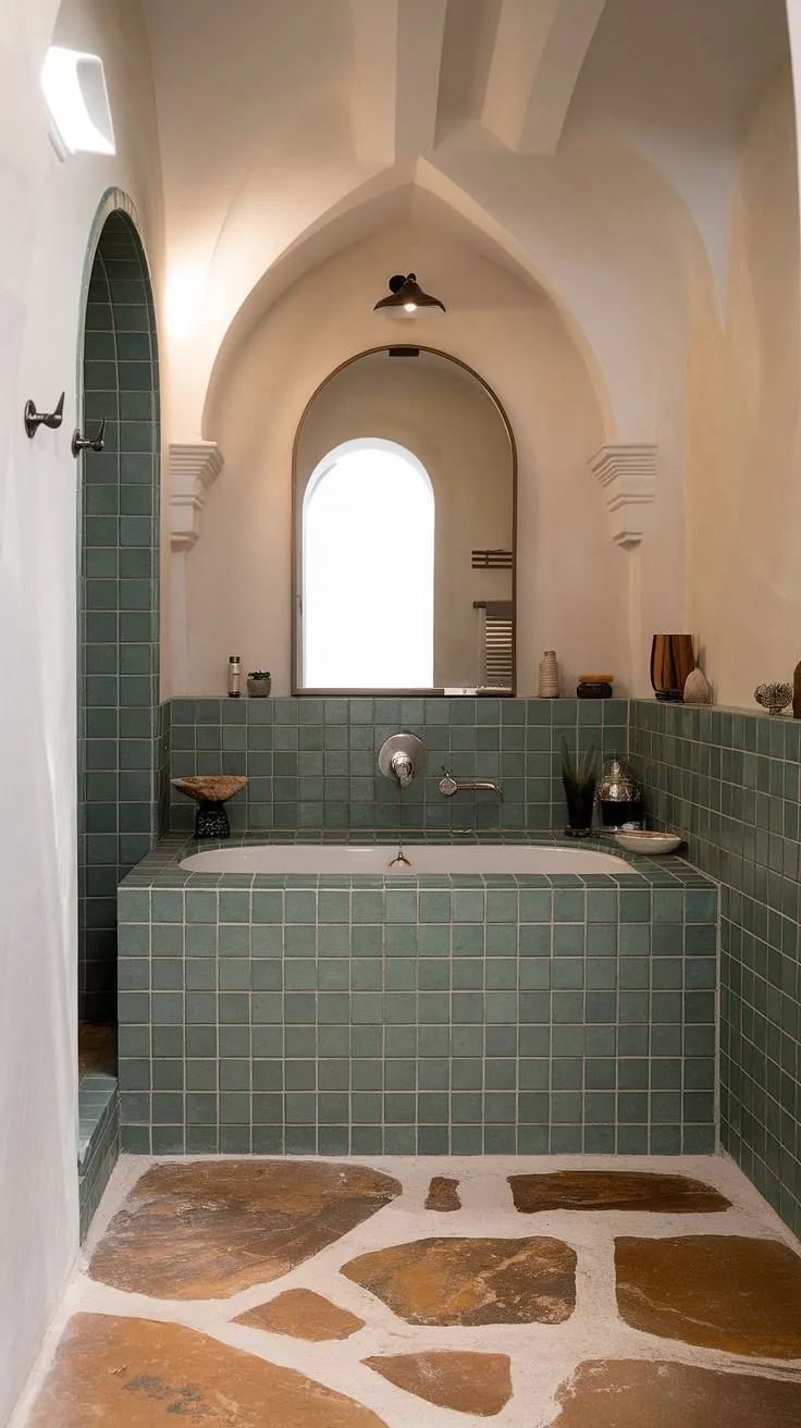 Indulge in the serene escape of this Mediterranean-inspired bathroom. The calming green tiles, natural stone floor, and arched vanity mirror create a sanctuary of tranquility, perfect for unwinding after a long day. A true haven of European design.