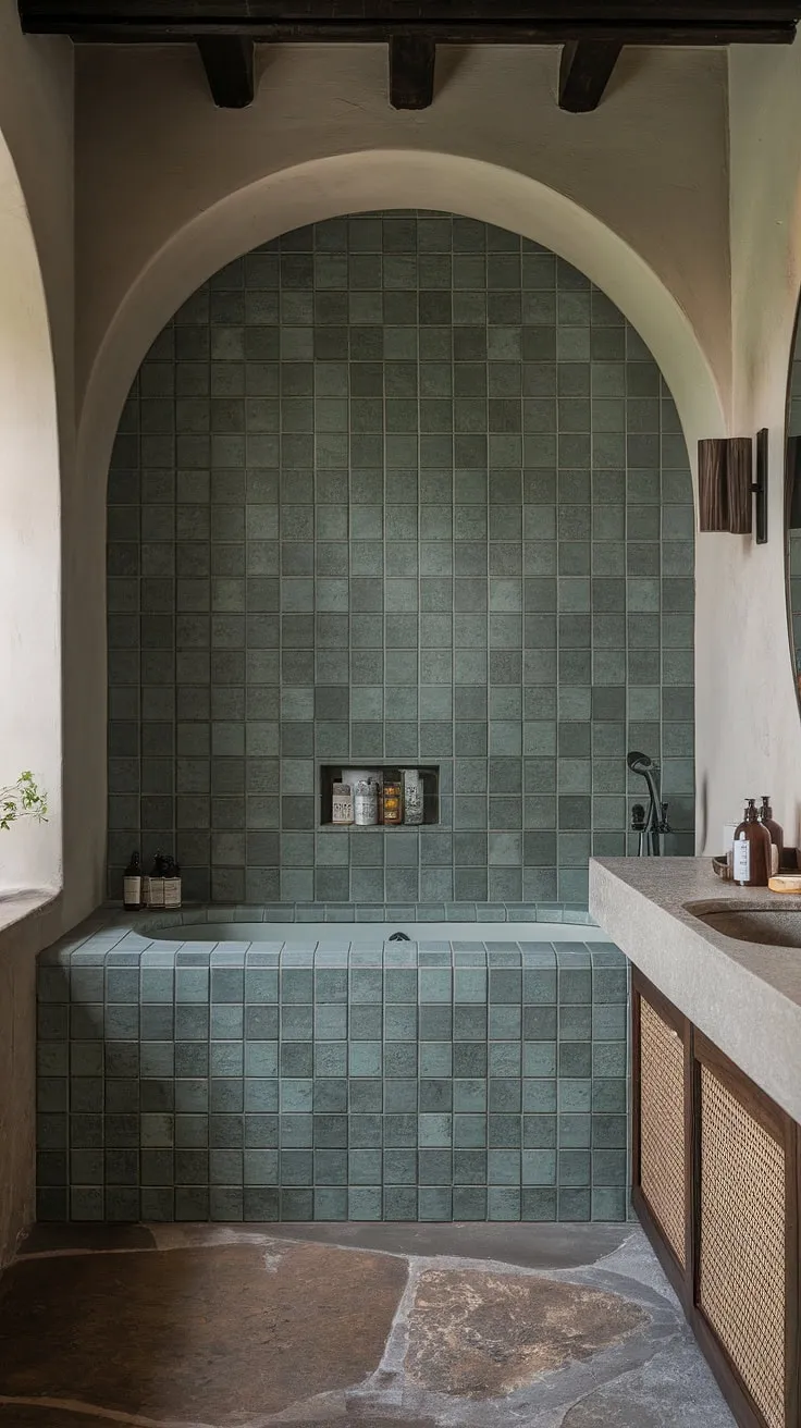 Indulge in the serene escape of this Mediterranean bathroom. The soft lighting, arched mirror, and vibrant green ceramic tiles create a tranquil oasis where you can unwind and rejuvenate. The natural stone floor adds a touch of rustic elegance, completing this sanctuary of calm.