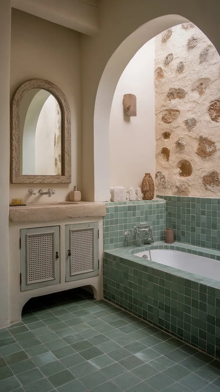 Indulge in the serene escape of this Mediterranean-inspired bathroom. The calming green tile floor, natural stone walls, and arched mirror create a sanctuary where you can unwind and rejuvenate. A perfect blend of modern design and timeless elegance.