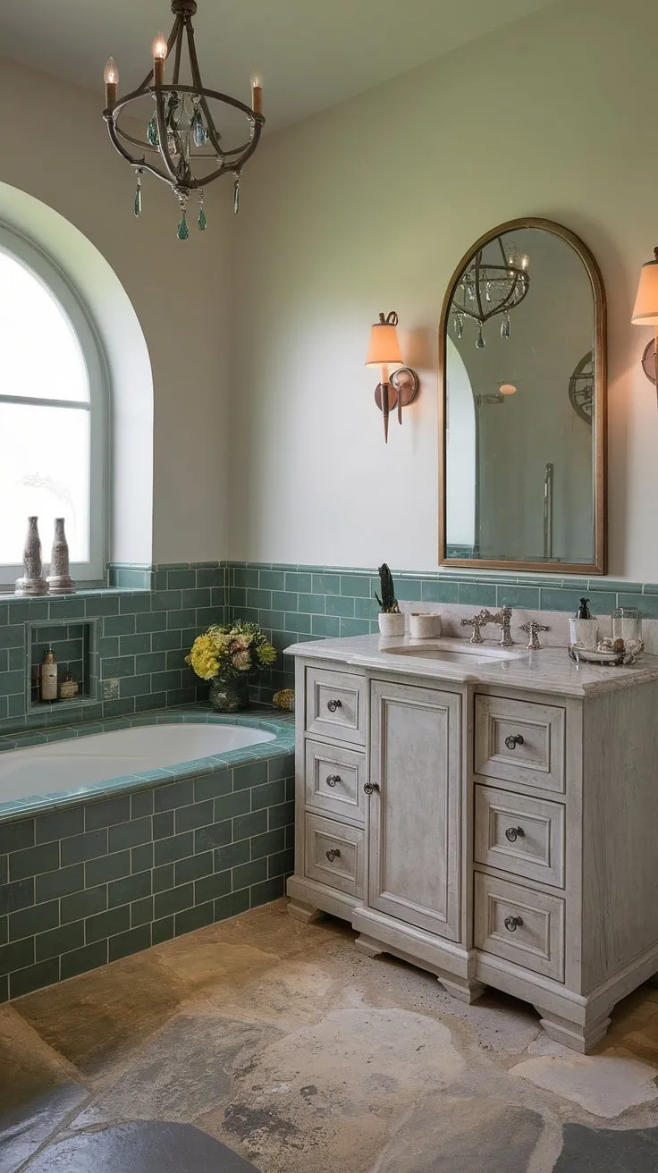 Indulge in the serene escape of this modern Mediterranean bathroom. The soft glow of the chandelier complements the rich green ceramic tiles and natural stone flooring, creating a sanctuary of tranquility. A luxurious marble-topped vanity and arched mirror add a touch of European elegance, while the tiled bathtub invites you to unwind and rejuvenate. A truly captivating space.