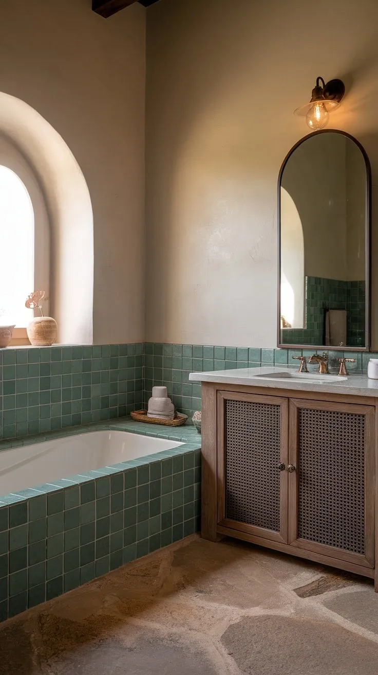 Bathed in soft light, this Mediterranean-inspired bathroom is a testament to understated luxury. The richly textured natural stone floor complements the vibrant green ceramic tiles and the elegant arched mirror, creating a harmonious space where you can truly relax and rejuvenate. A perfect blend of modern design and timeless charm.