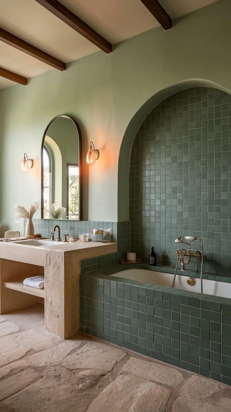 Indulge in the serene escape of this Mediterranean-inspired bathroom. The calming green ceramic tiles, natural stone flooring, and arched vanity mirror create a haven of tranquility, perfectly blending European elegance with modern comfort. A true sanctuary for rejuvenation.