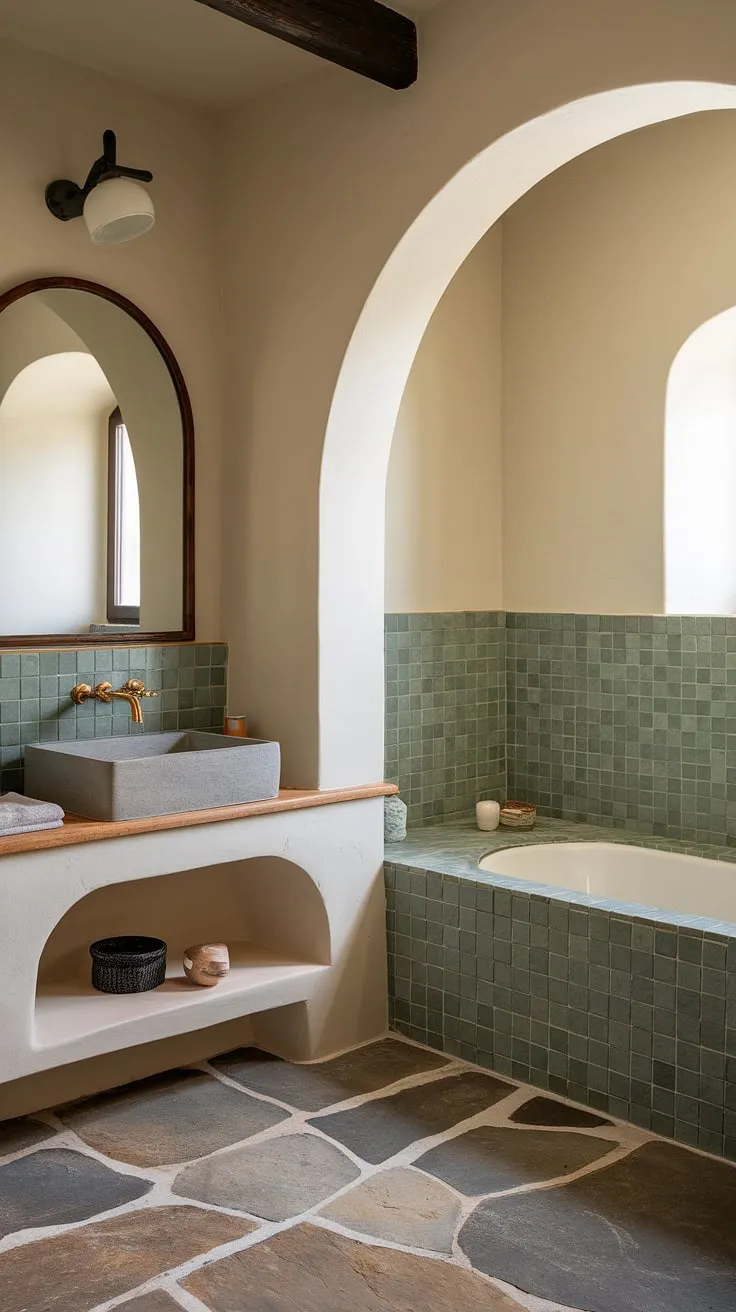 Escape to your own private oasis. This Mediterranean-inspired bathroom, with its soothing green ceramic tiles and natural stone flooring, offers a tranquil retreat where you can unwind and rejuvenate. The arched vanity mirror and modern sink add a touch of European elegance, while the tiled bathtub provides the perfect spot for a long, luxurious soak. A sense of calm pervades this space, making it the perfect sanctuary.