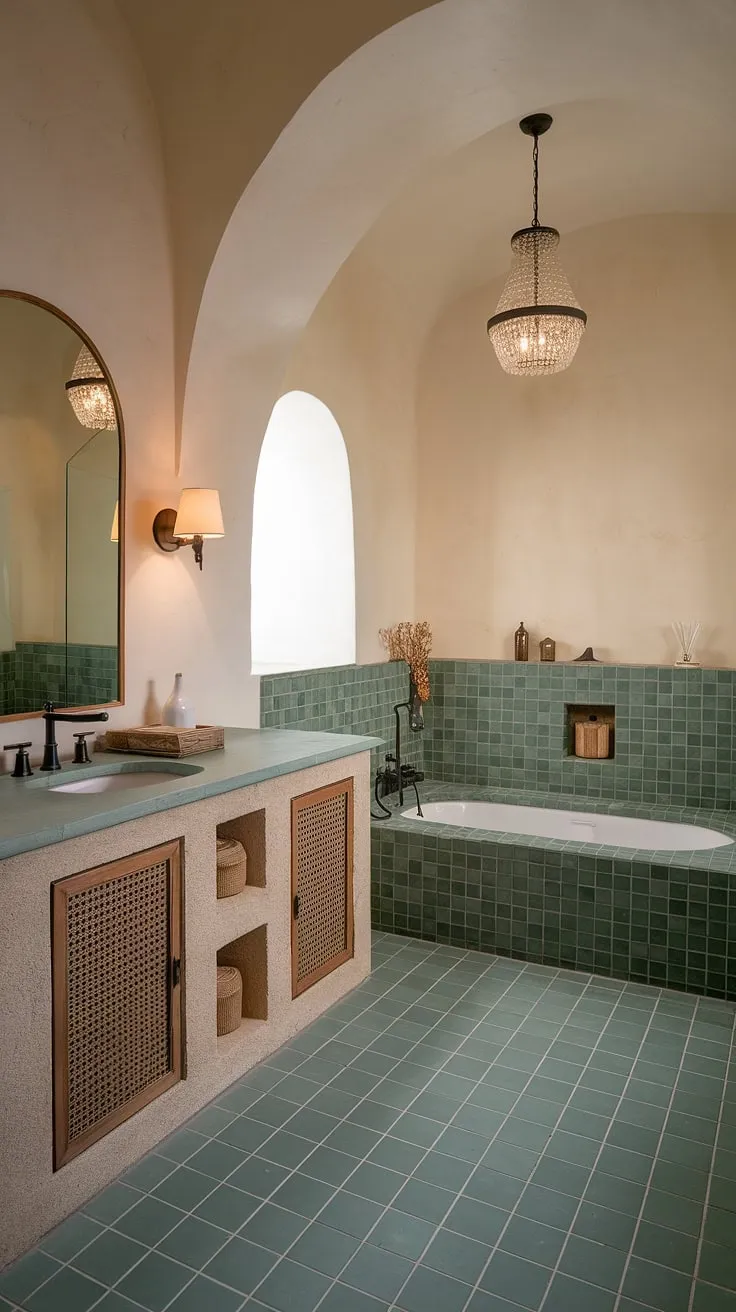 Indulge in the serene escape of this Mediterranean-inspired bathroom. The calming green tile floor, natural stone walls, and arched mirror create a sanctuary of minimalist elegance. A perfect blend of modern design and timeless charm.