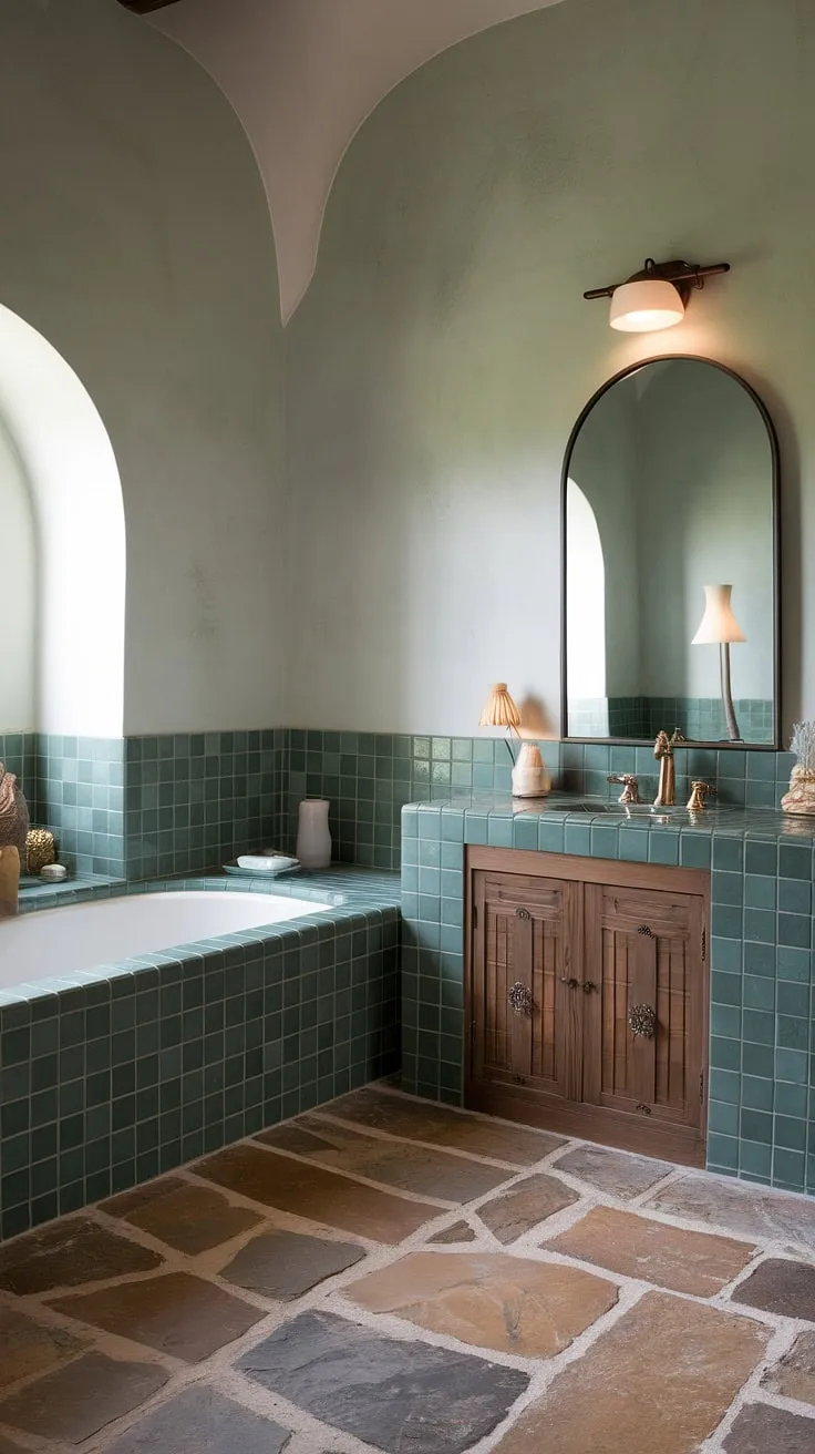 Bathed in soft light, this European-inspired bathroom is a testament to sophisticated simplicity. A stunning tiled bathtub takes center stage, complemented by the calming green ceramic tile walls and natural stone flooring. The arched vanity mirror and subtle lighting add to the A. ambiance, creating a space of pure serenity.